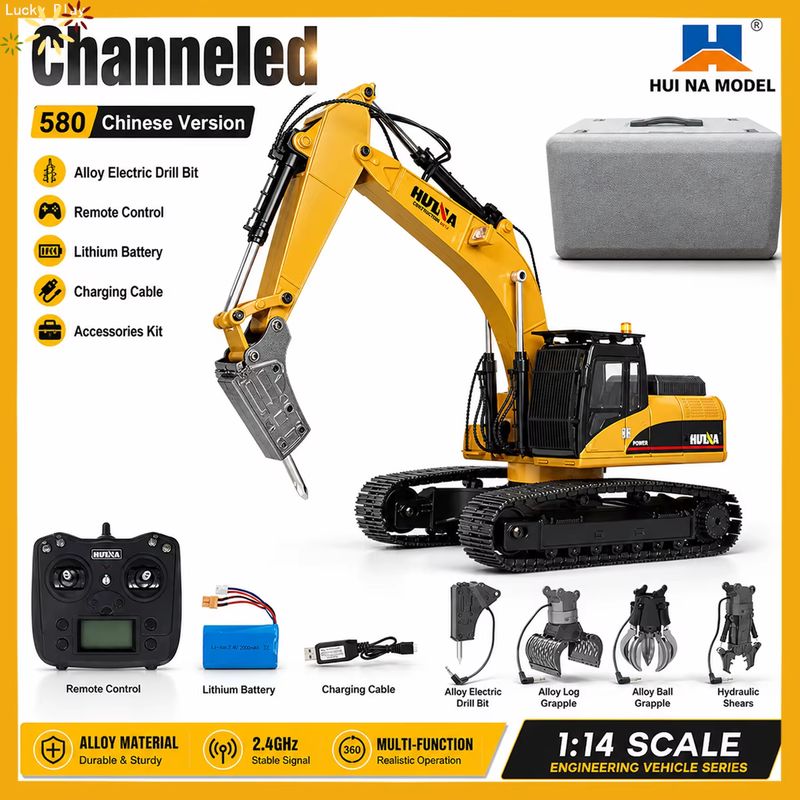 Rc Hobby Light - Huina アップグレード 1590 1/14 メタルRC掘削機 電動グラップルバケット